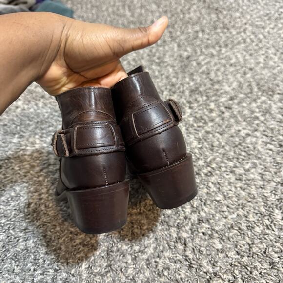 JB Dillon Brown Leather Ankle Boots Buckle Size 5.5 B Block Heel Zip - Picture 5 of 7